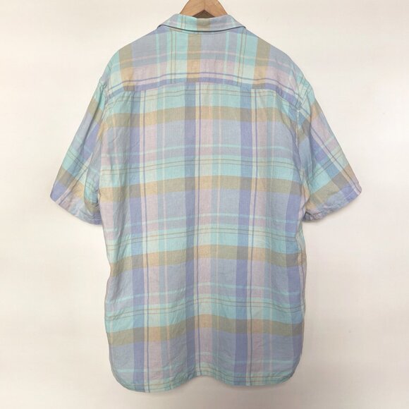 McKenzie Tribe 100% Linen Pastel Plaid Short Sleeve Button Down Shirt Sz L Large - Picture 2 of 6